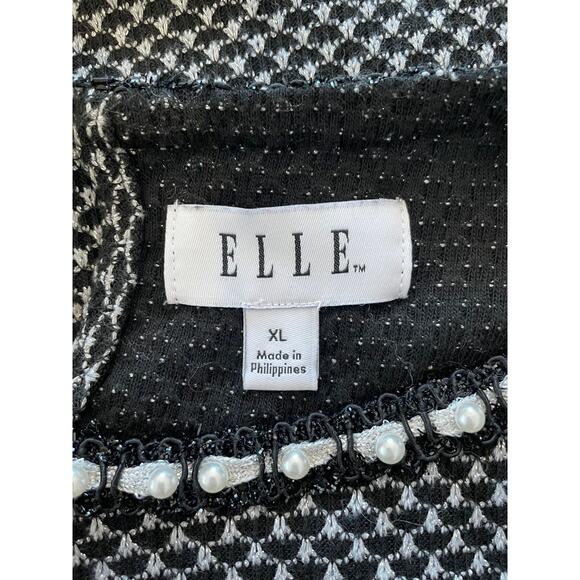 Elle Womens XL Pearl Embellished Blouse 3/4 Sleeve Collar Black White Pattern - Picture 3 of 11